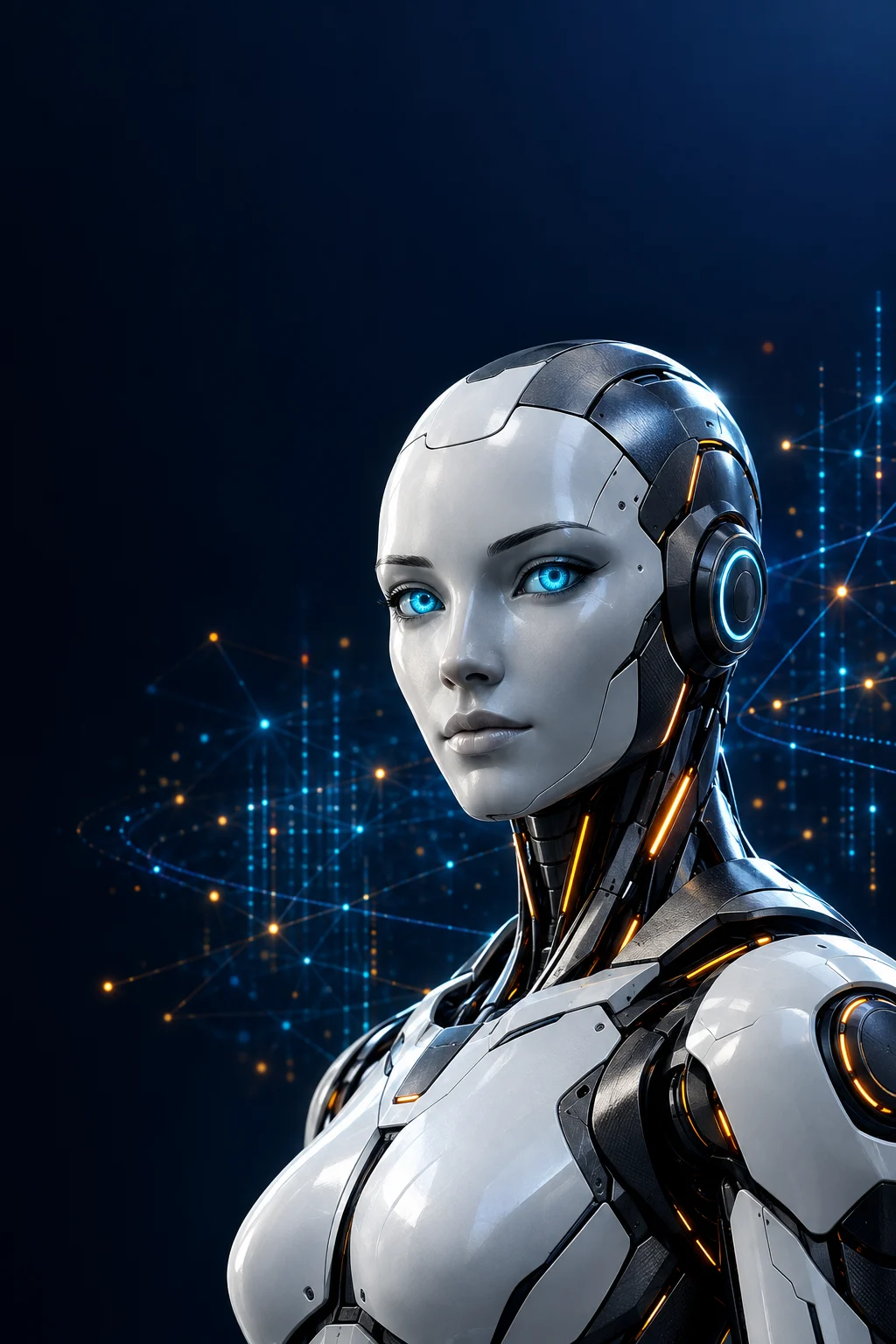 The original BeaconAI robot from the HU Ad project, with silver armor and cyan eyes